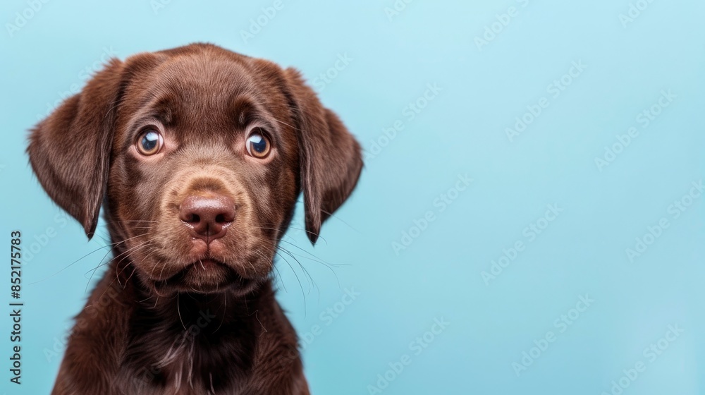 Cheerful chocolate Labrador puppy on light blue background Cheerful chocolate Labrador puppy on light blue background