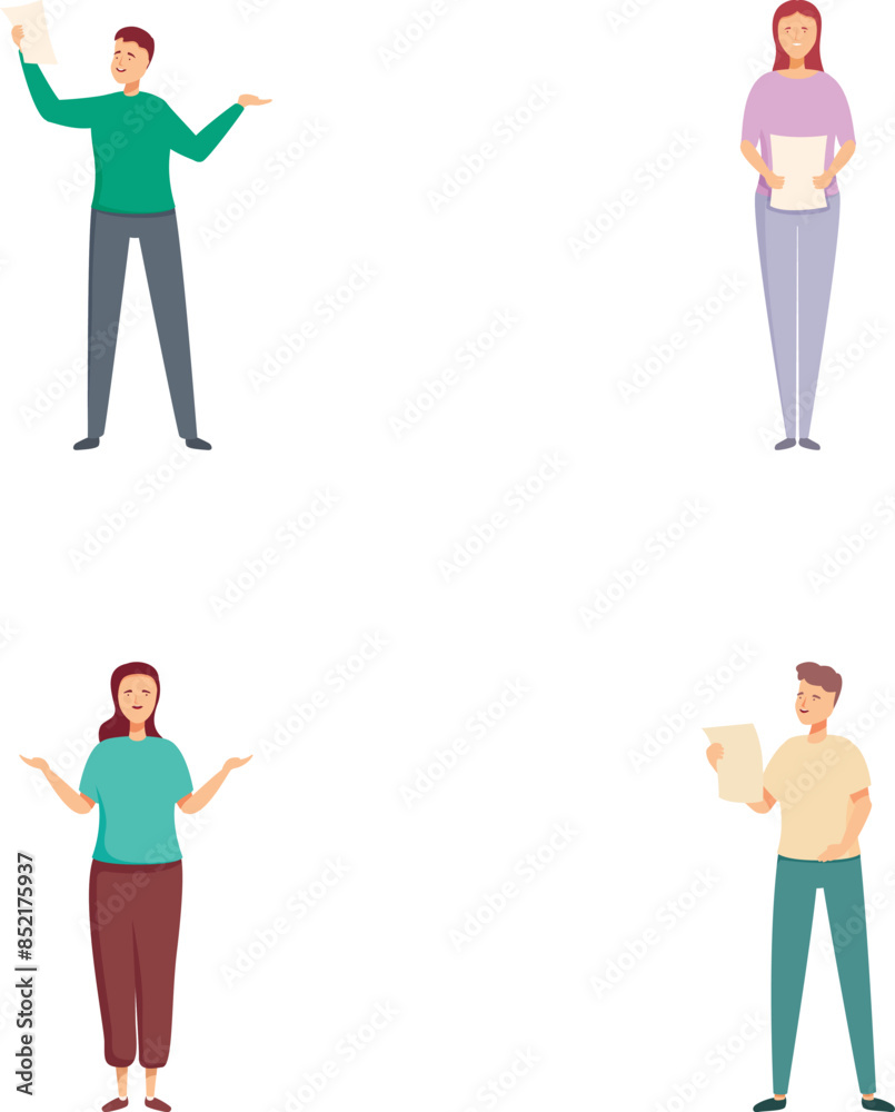 Collection of four illustrated characters in casual attire expressing various poses and emotions Collection of four illustrated characters in casual attire expressing various poses and emotions