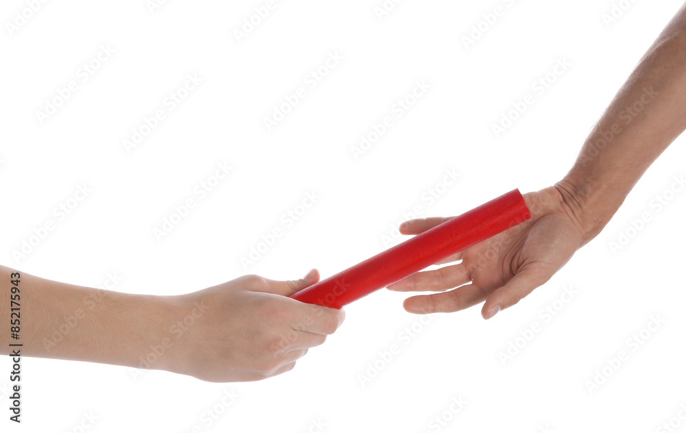 Man passing relay baton to teammate isolated on white, closeup Man passing relay baton to teammate isolated on white, closeup