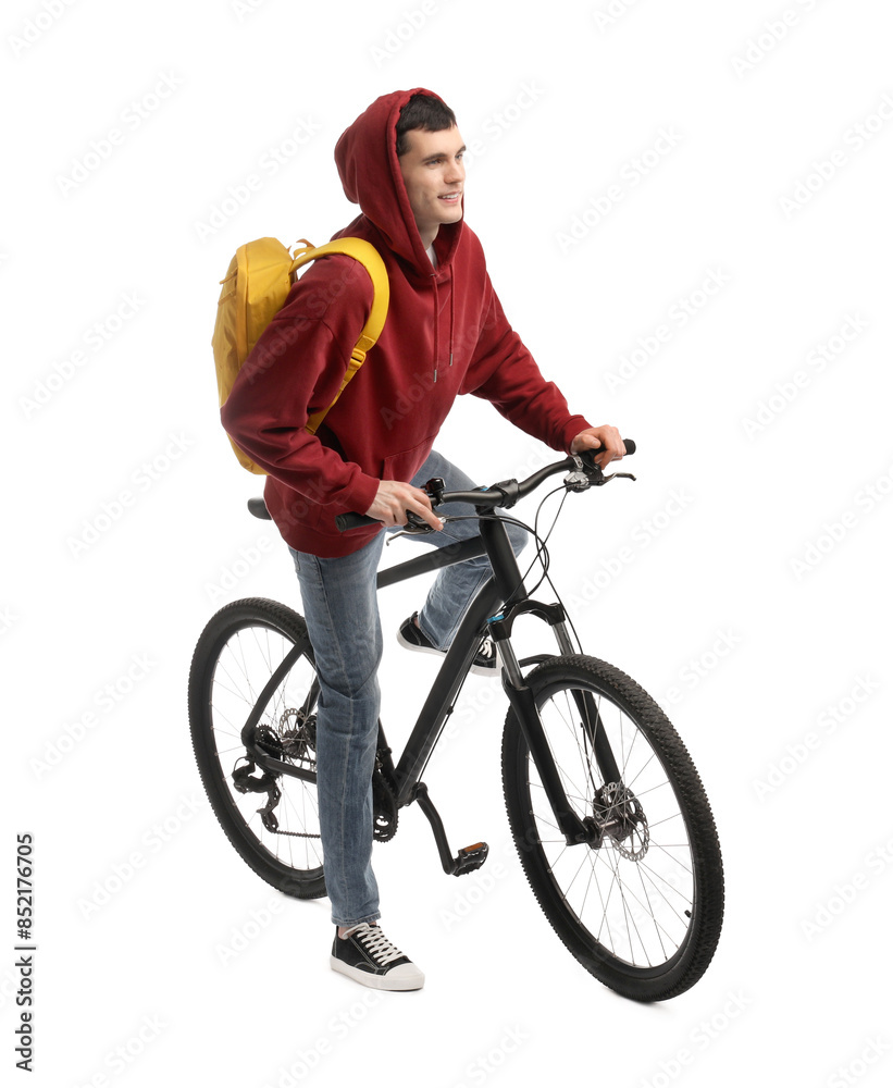 Naklejka premium Smiling man with backpack riding bicycle on white background