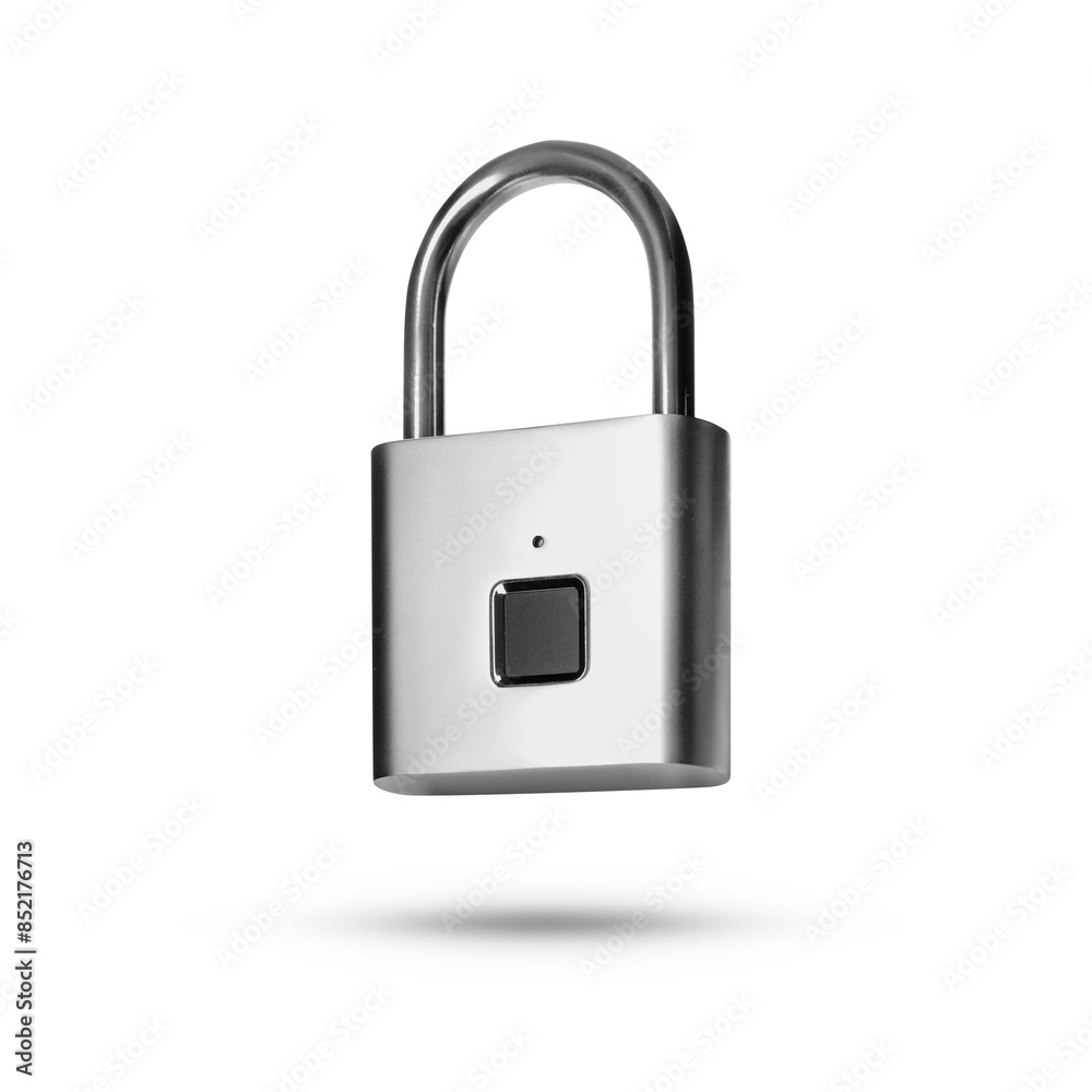 Modern fingerprint padlock in air on white background Modern fingerprint padlock in air on white background
