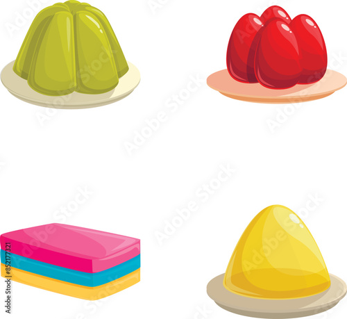 Vibrant and playful assorted cartoon desserts collection with colorful illustrations of sweet and tasty treats including jelly. Pudding. Layered cake. And confectionery