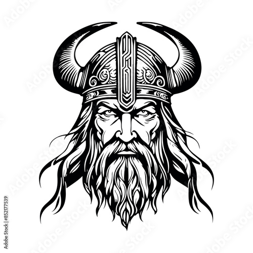 Fantastic Viking with Helmet, Armor on the White background. Hand-drawn illustration for mascot sport logo badge label sign poster emblem patch t-shirt printing.
