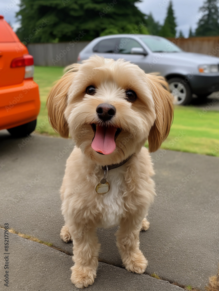 A photo of an adorable Havanese dog standing on the driveway, with his tongue out and looking at me smiling A photo of an adorable Havanese dog standing on the driveway, with his tongue out and looking at me smiling