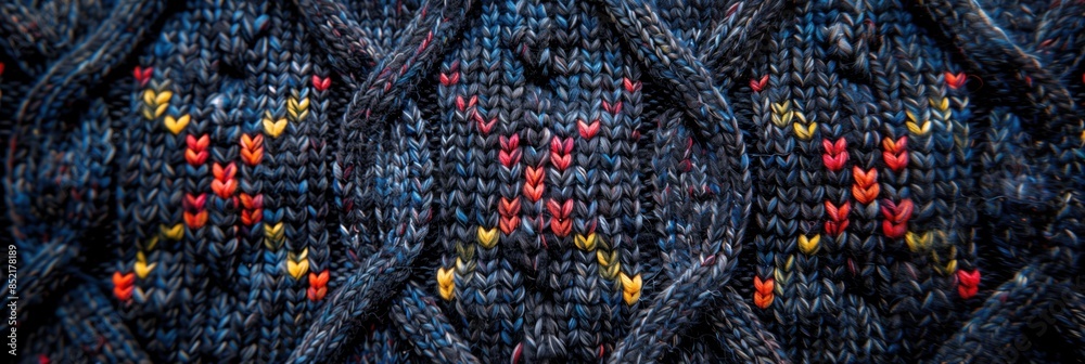 Dark blue knitted fabric with a diamond pattern and small colorful accents. Dark blue knitted fabric with a diamond pattern and small colorful accents.
