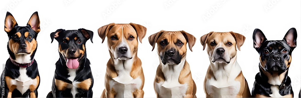 Set of 6 dog puppy, Pitbull, Pug, Rottweiler, Welsh Corgi, Beagle, Chihuahua portrait head shot isolated on White background cutout. Set of 6 dog puppy, Pitbull, Pug, Rottweiler, Welsh Corgi, Beagle, Chihuahua portrait head shot isolated on White background cutout.