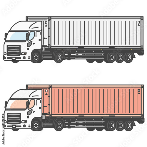 物流シリーズ：海上コンテナを運ぶ、コンテナトレーラー・大型トラック(カラー&モノカラーのSET)