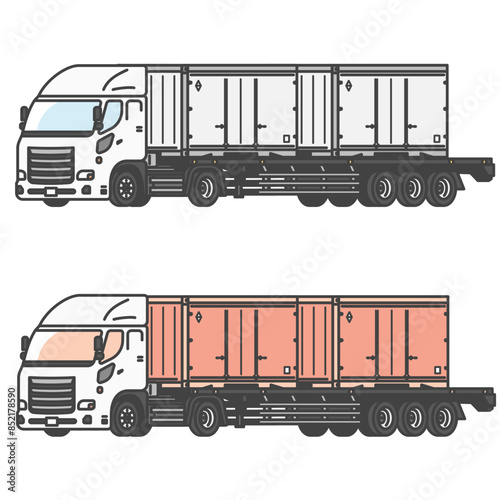 物流シリーズ：鉄道コンテナを運ぶ、コンテナトレーラー・大型トラック(カラー&モノカラーのSET)