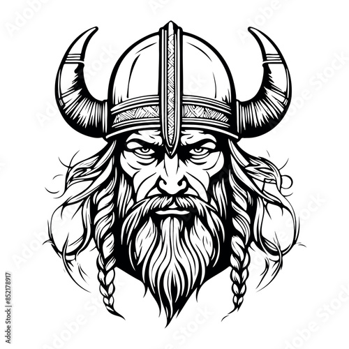 Fantastic Viking with Helmet, Armor on the White background. Hand-drawn illustration for mascot sport logo badge label sign poster emblem patch t-shirt printing.
