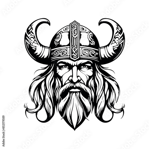 Fantastic Viking with Helmet, Armor on the White background. Hand-drawn illustration for mascot sport logo badge label sign poster emblem patch t-shirt printing.
