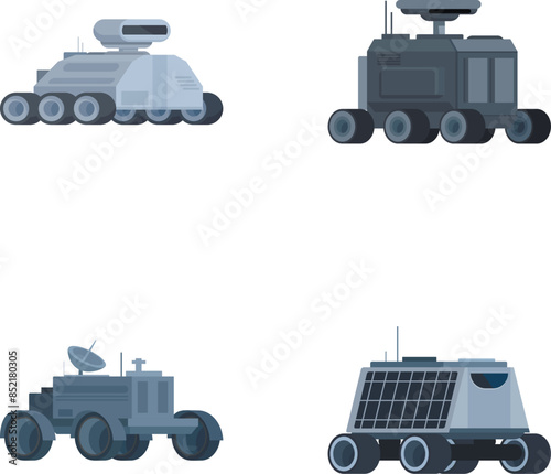 Four icons depicting various designs of autonomous military vehicles in a flat style