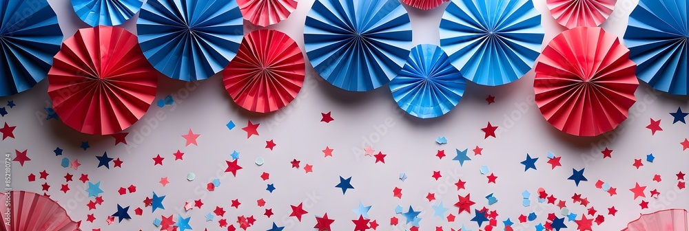 Naklejka premium 4th of July background, USA Presidents Day, Independence Day, Memorial day, US election concept. Red white and blue paper fans with stars confetti. Flat lay, top view, banner