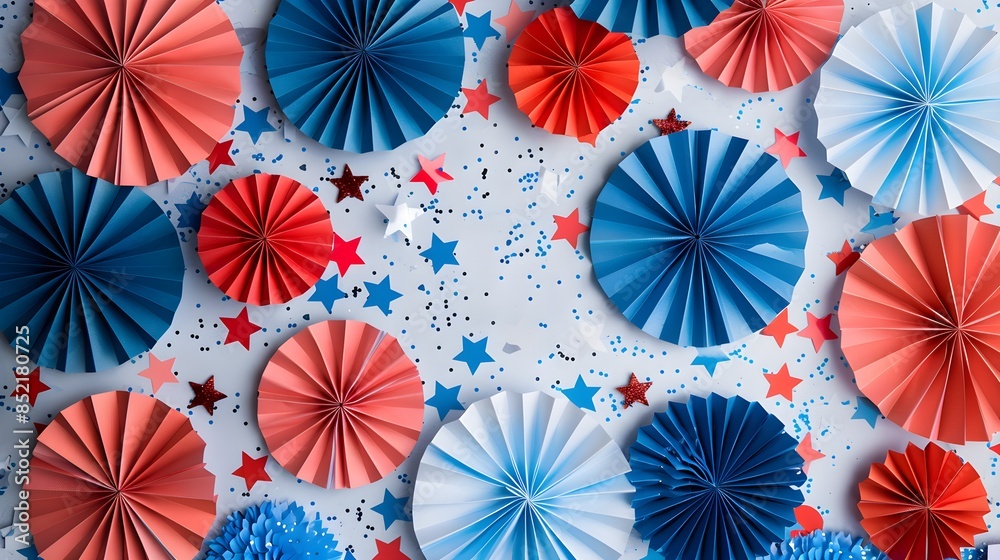 4th of July background, USA Presidents Day, Independence Day, Memorial day, US election concept. Red white and blue paper fans with stars confetti. Flat lay, top view, banner 4th of July background, USA Presidents Day, Independence Day, Memorial day, US election concept. Red white and blue paper fans with stars confetti. Flat lay, top view, banner