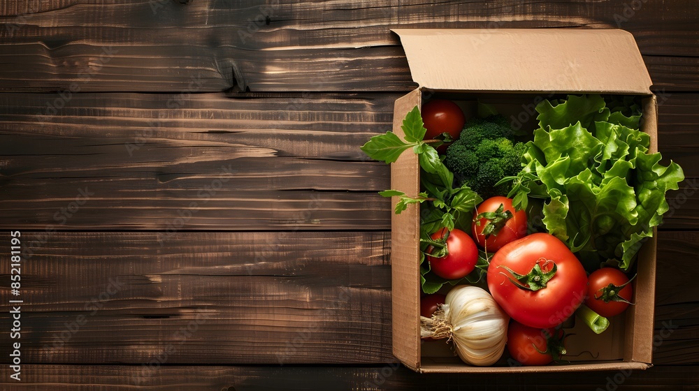 Fresh organic vegetable delivery box on a wooden background Fresh organic vegetable delivery box on a wooden background