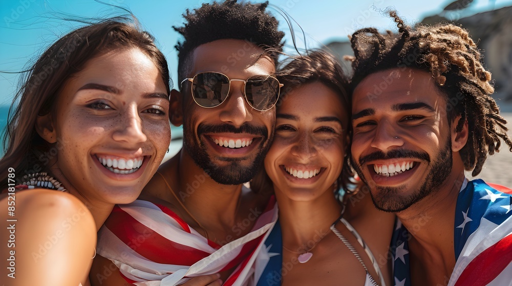 Happy people wrapped in American flags smiling and hugging each other. independence day