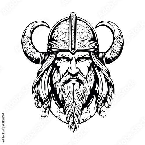 Fantastic Viking with Helmet, Armor on the White background. Hand-drawn illustration for mascot sport logo badge label sign poster emblem patch t-shirt printing.
