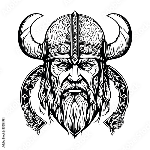 Fantastic Viking with Helmet, Armor on the White background. Hand-drawn illustration for mascot sport logo badge label sign poster emblem patch t-shirt printing.
