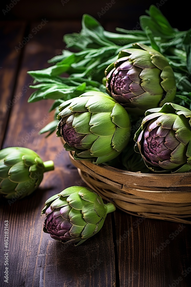Fototapeta premium shly harvested artichokes displayed on a rustic wooden table.