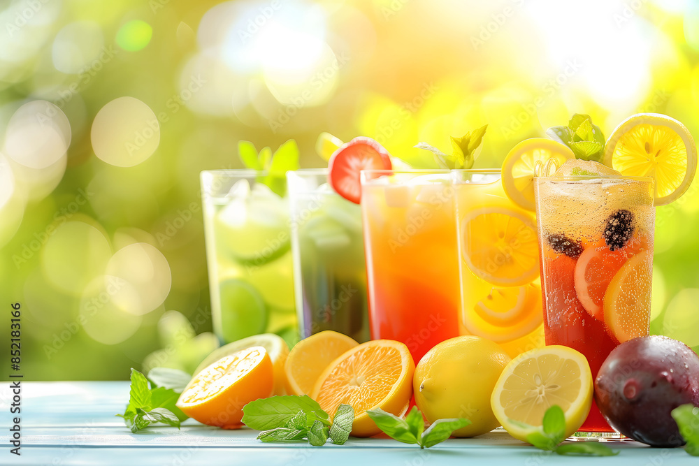 Vibrant summer drink collection with refreshing fruits and ice for a cooling experience Vibrant summer drink collection with refreshing fruits and ice for a cooling experience