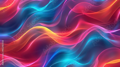 An abstract representation of dynamic, colorful light waves flowing in a seamless pattern. Generative AI