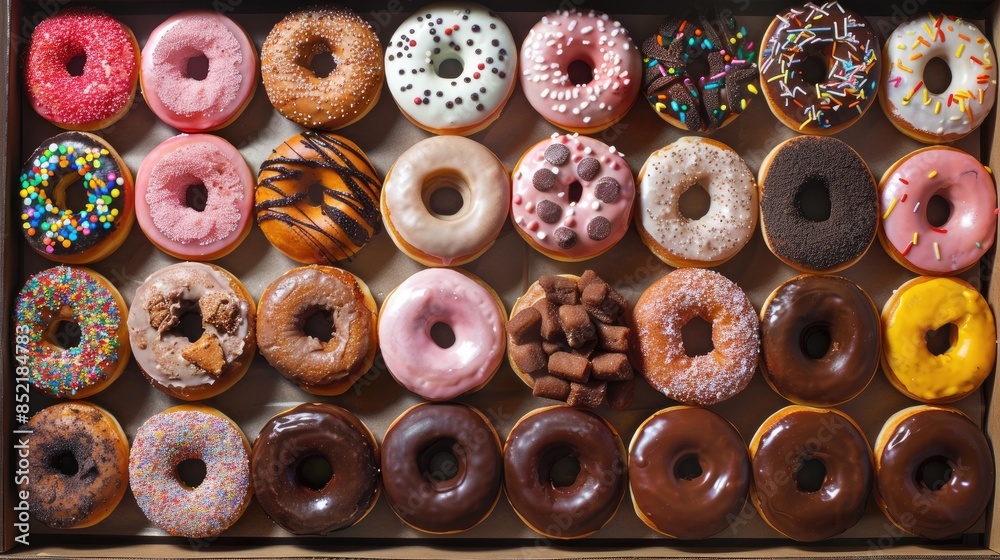 A delectable array of donut varieties neatly packed in a box A delectable array of donut varieties neatly packed in a box