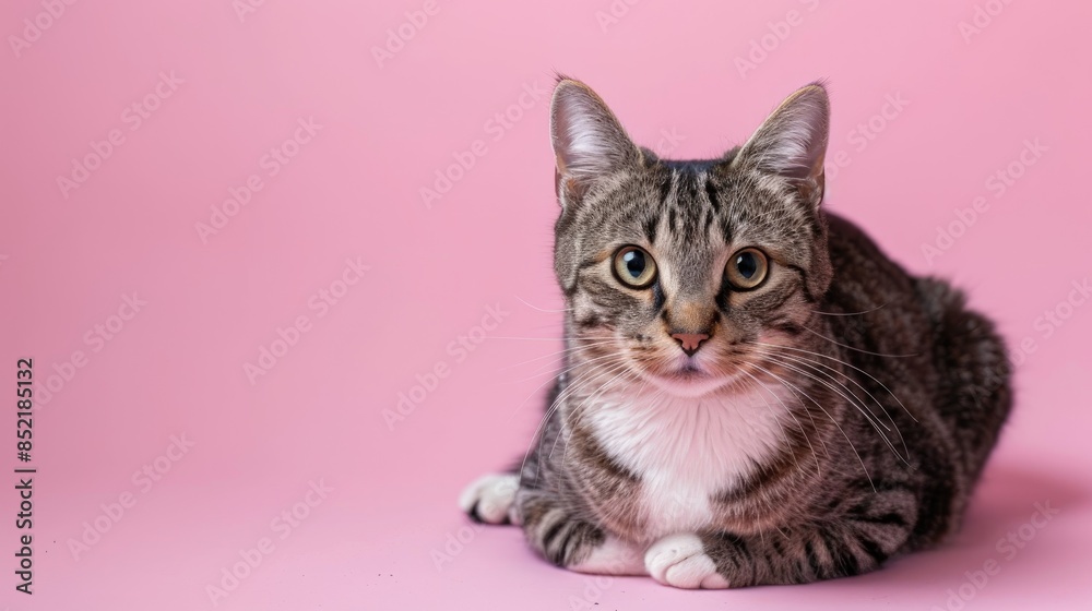 Rescued cat with disabilities on pink background gazing at camera Rescued cat with disabilities on pink background gazing at camera