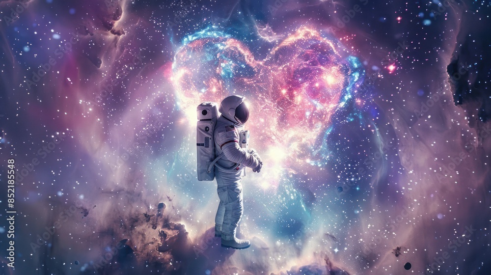 Obraz premium Astronaut in Heart-Shaped Cosmic Nebula