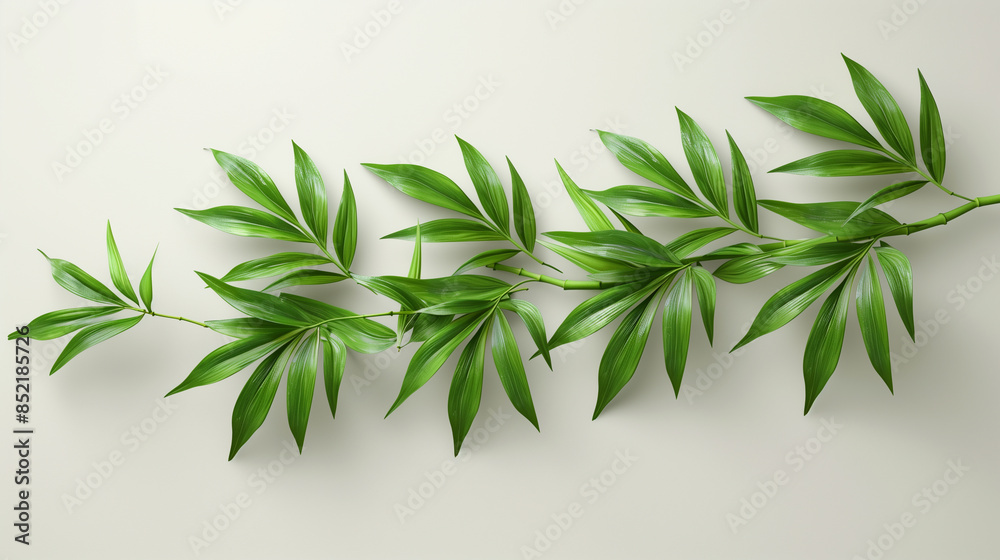 3D realistic style of bamboo leaf isolated on a white background, displaying its slender shape and bright green hue.