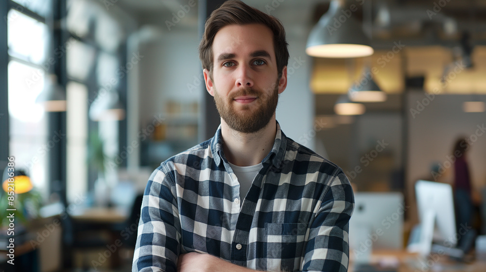 portrait of an American software engineer standing in modern office looking at camera, tech support worker portrait of an American software engineer standing in modern office looking at camera, tech support worker