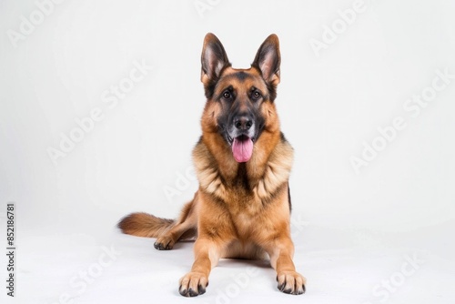 Intelligent German Shepherd Dog with Tongue Hanging Out Sitting on White Background Animal Beauty and Hospitality Concept