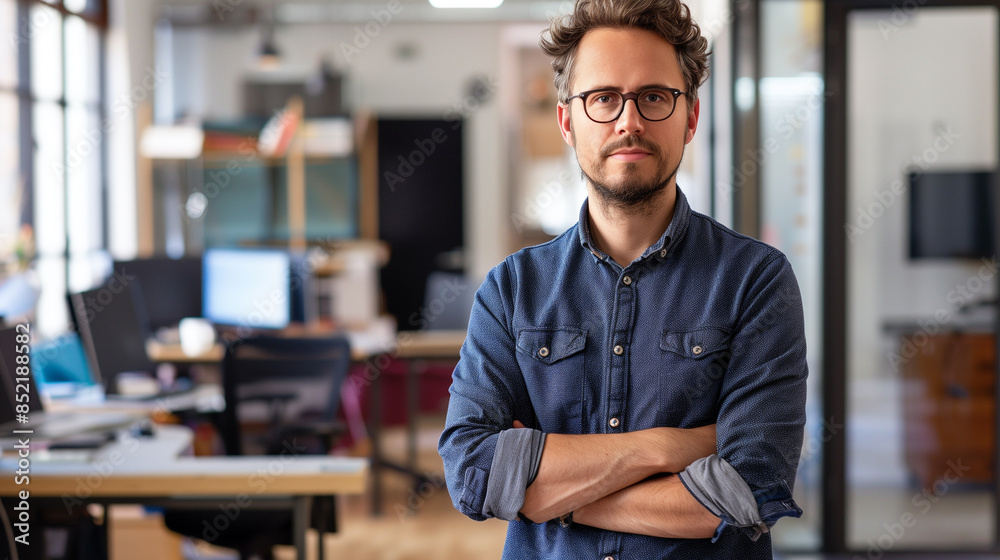 portrait of an American software engineer standing in modern office looking at camera, tech support worker portrait of an American software engineer standing in modern office looking at camera, tech support worker