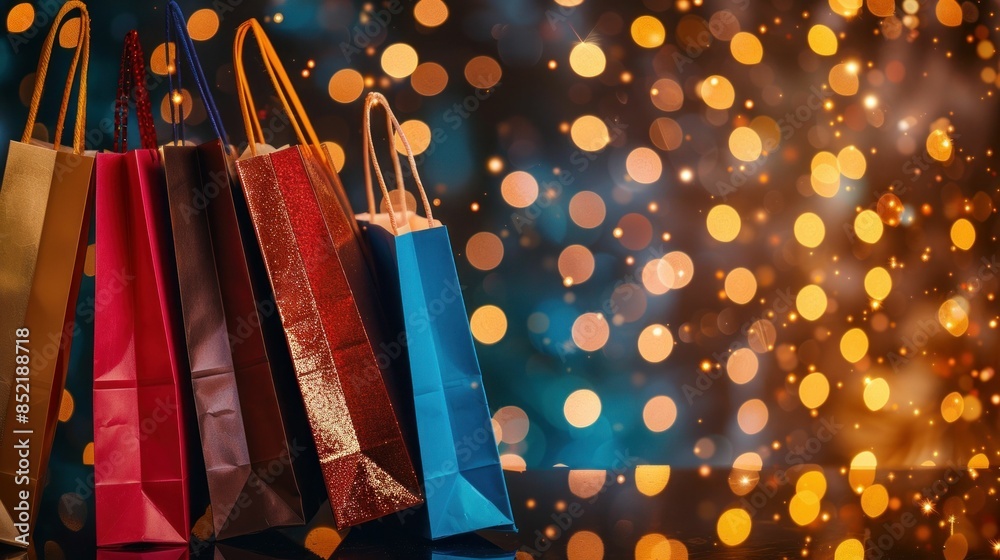© SHOTPRIME STUDIO - Colorful shopping bags on the table with glowing bokeh lights in the background representing retail therapy and consumerism © SHOTPRIME STUDIO - Colorful shopping bags on the table with glowing bokeh lights in the background representing retail therapy and consumerism