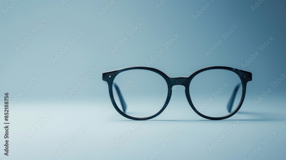 Black round eyeglasses frame on blue background Black round eyeglasses frame on blue background