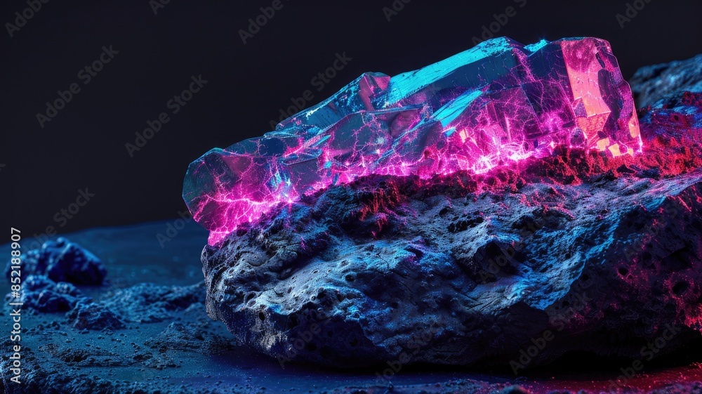Glowing crystal on rocky surface with blue and purple lighting Glowing crystal on rocky surface with blue and purple lighting