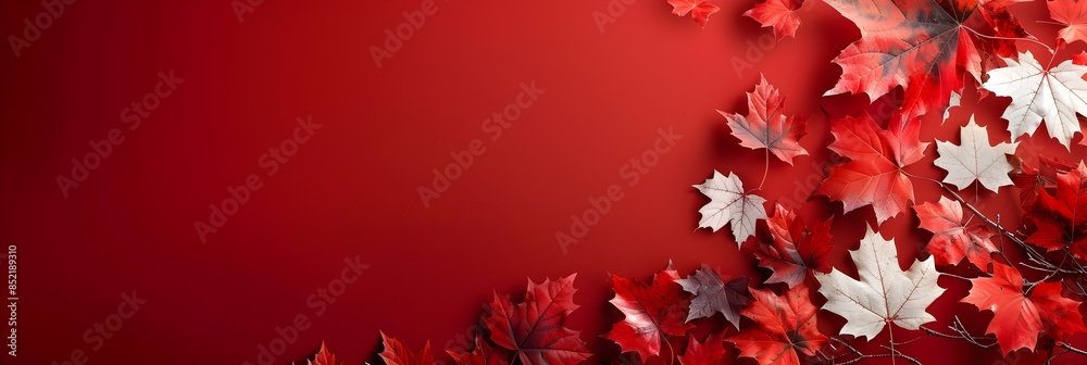 A banner for Canada Day with red and white maple leaves. Red background and free space for text A banner for Canada Day with red and white maple leaves. Red background and free space for text