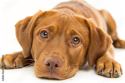 Wallpaper Mural A close-up of a brown puppy with soulful eyes, lying down and looking directly at the camera against a white background Torontodigital.ca