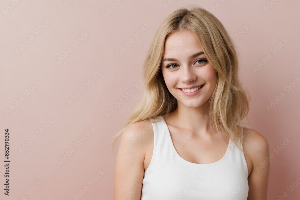 Attractive European girl with blonde hair wearing a cropped tank top standing against a pink background with copy space. Attractive European girl with blonde hair wearing a cropped tank top standing against a pink background with copy space.