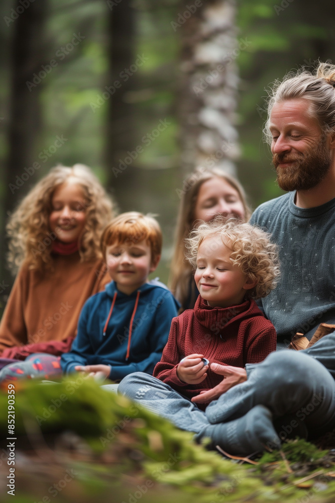 a whole family with kids meditating at the park a whole family with kids meditating at the park