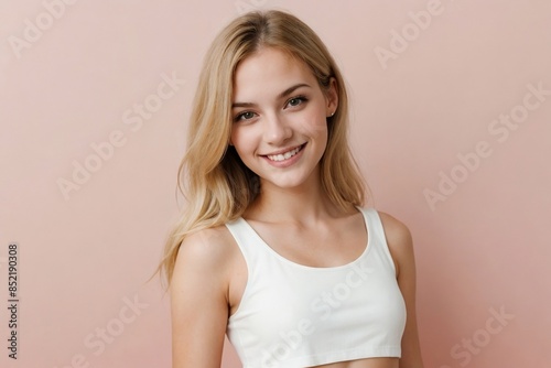 Attractive European girl with blonde hair wearing a cropped tank top standing against a pink background with copy space. 