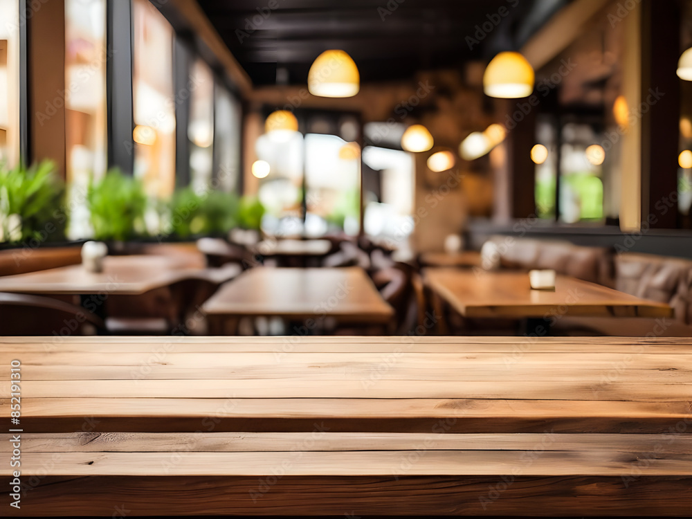 Empty wooden table with blur restaurant cafe background Empty wooden table with blur restaurant cafe background