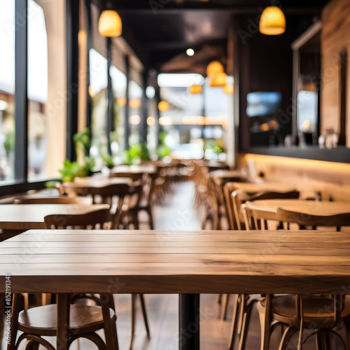 Empty wooden table with blur restaurant cafe background