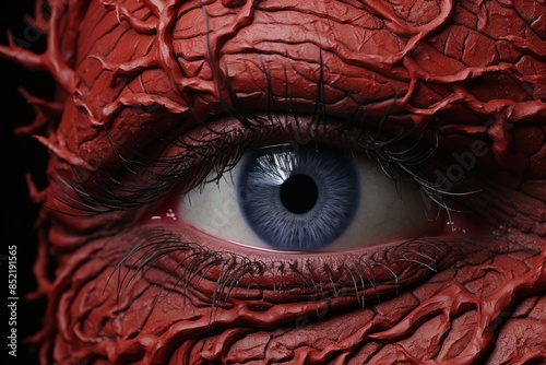 a close up of a mans eye with red skin