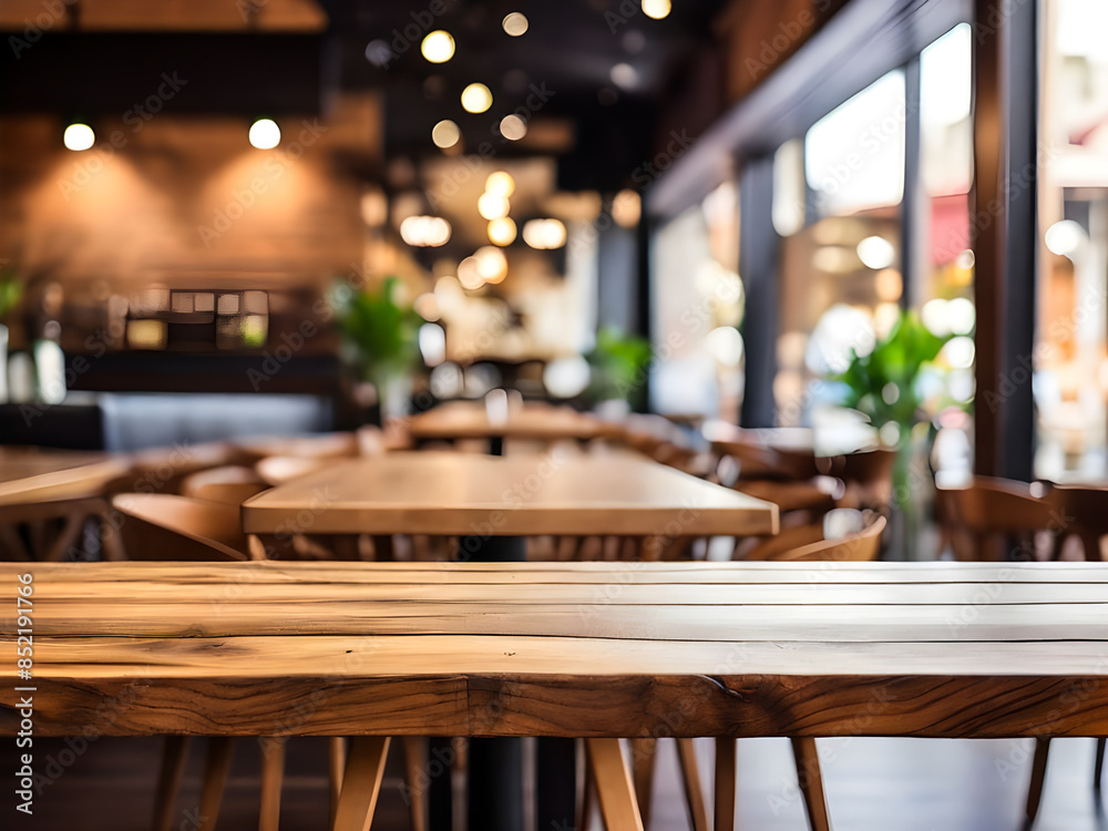 Empty wooden table with blur restaurant cafe background Empty wooden table with blur restaurant cafe background