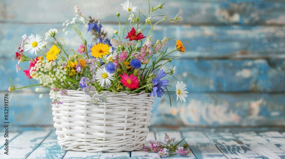 White woven basket filled with colorful wildflowers on a blue and white wooden backdrop White woven basket filled with colorful wildflowers on a blue and white wooden backdrop