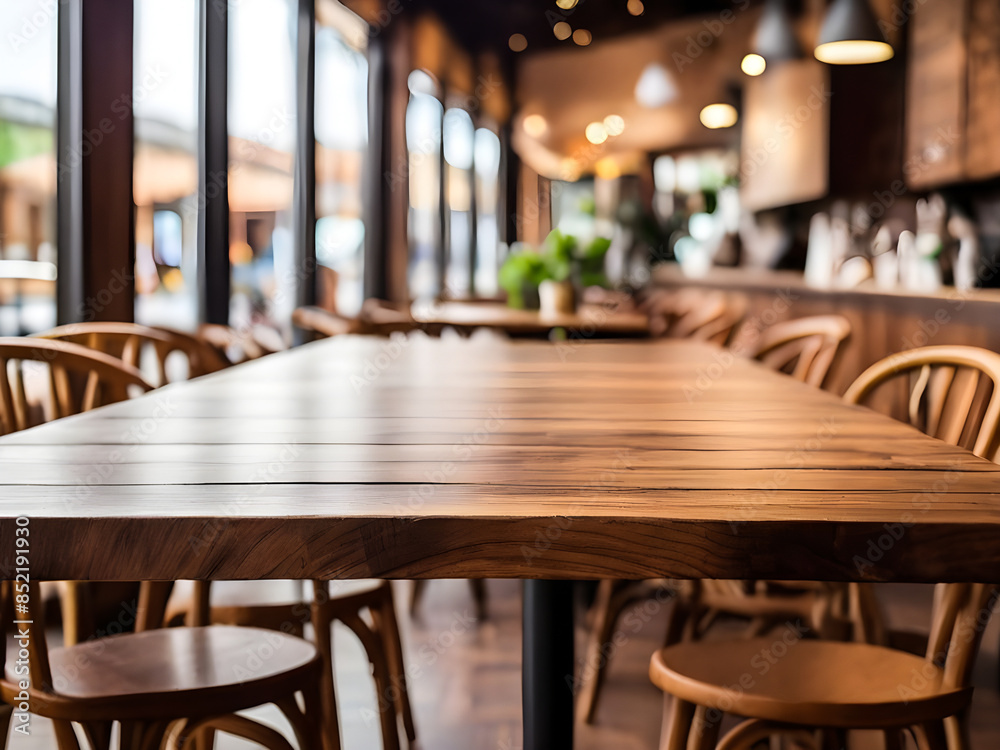 Empty wooden table with blur restaurant cafe background Empty wooden table with blur restaurant cafe background