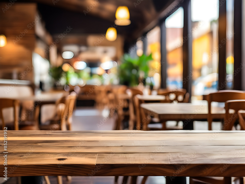 Empty wooden table with blur restaurant cafe background Empty wooden table with blur restaurant cafe background
