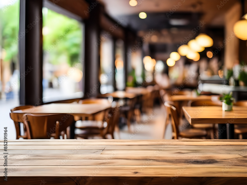 Empty wooden table with blur restaurant cafe background Empty wooden table with blur restaurant cafe background