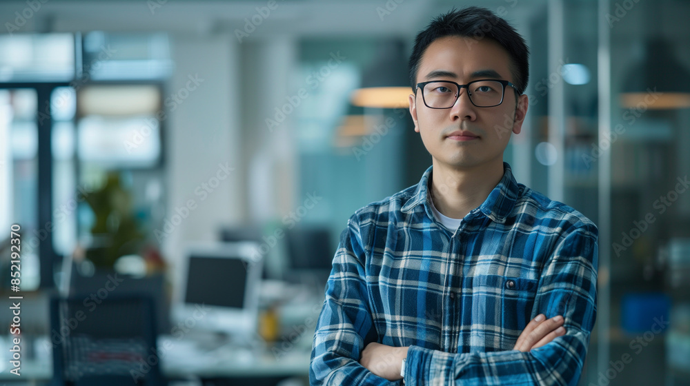 portrait of an Chinese software engineer standing in modern office looking at camera, tech support worker portrait of an Chinese software engineer standing in modern office looking at camera, tech support worker
