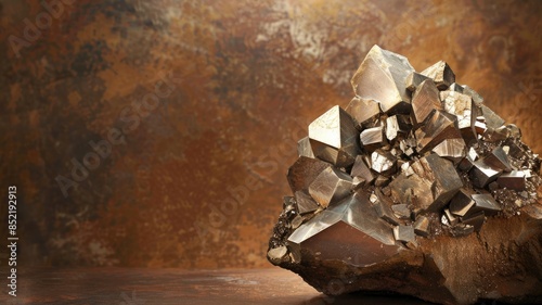 Cluster of metallic pyrite crystals on textured background photo