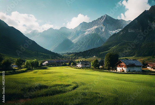 A mountain range with a small village in the valley photo